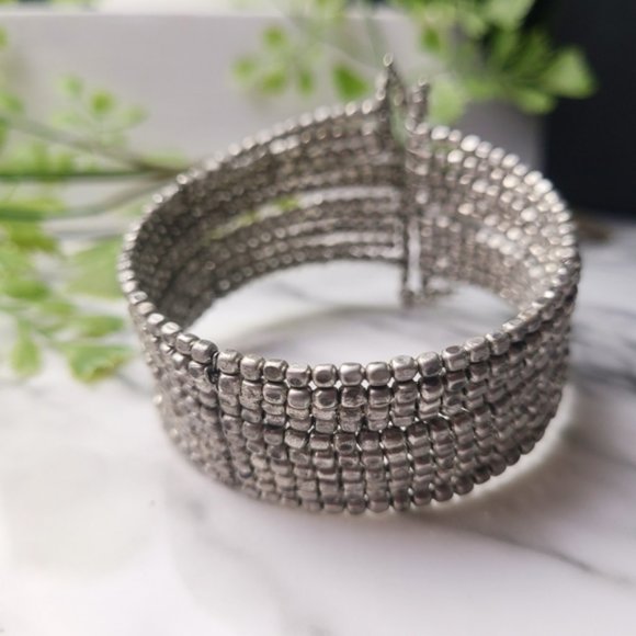Silver Layered Bohemian Beaded Cuff Bracelet - Picture 3 of 6